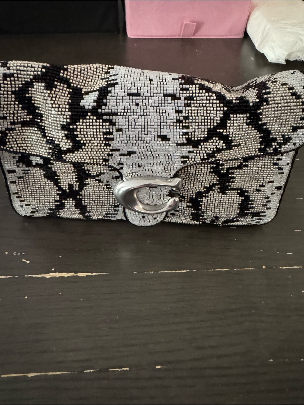 Coach Crystal Snake-Print Evening Clutch in Silver and Black